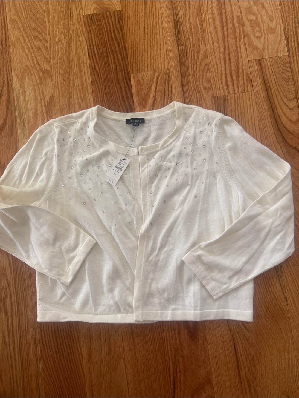 Talbots Cream Rhinestone-Embellished Cropped Open Cardigan